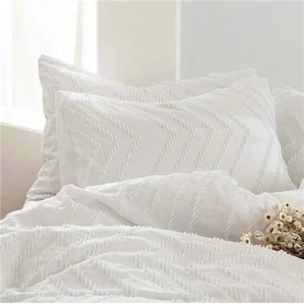 NEW Anthro White Tufted King / Queen Size Fringe Comforter Bedding Sham Case Set
